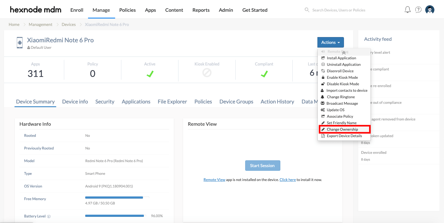 Hexnode Remote-Action-Change-Ownership