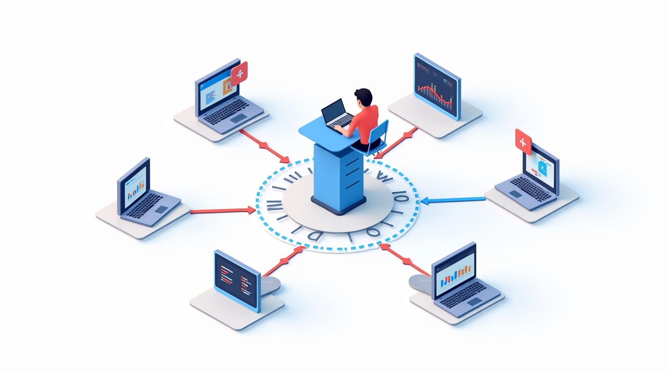 A person sitting at a podium with laptops around them AI-generated content may be incorrect.